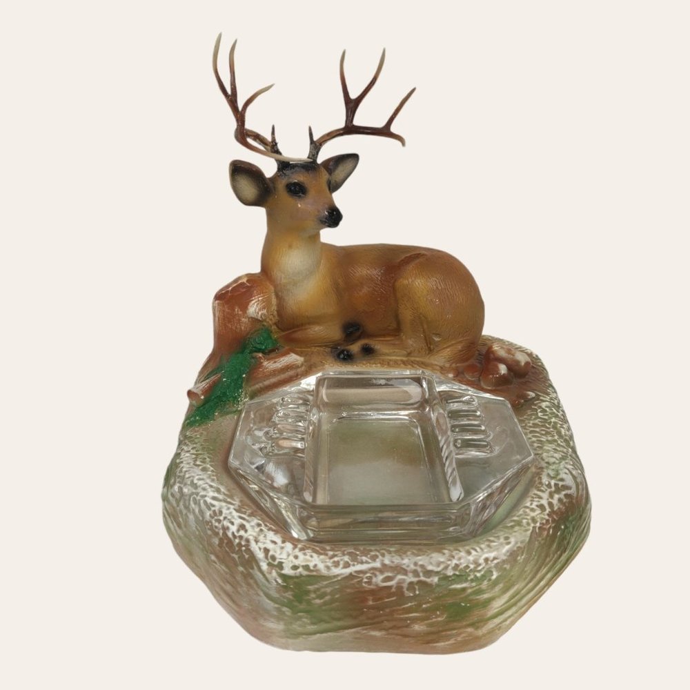 Vintage MCM Chalkware Deer Stag Reposing Ashtray w Glass Liner Nature Sculpt Cab